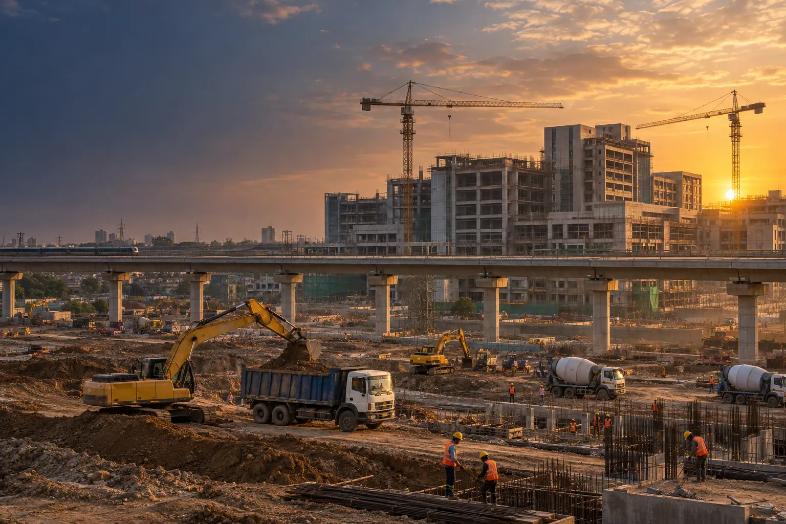 Buildings and an expressway under construction at sunrise, with tower cranes, excavators and tipper trucks