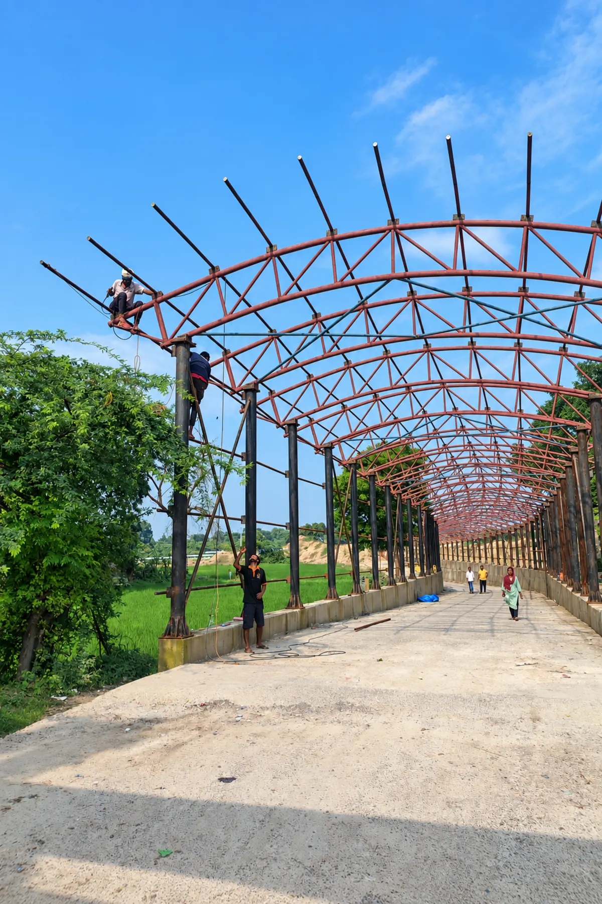 Railway underpass, steel roof framing